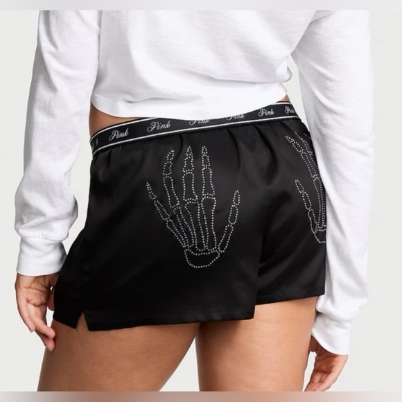 NWT VS Pink Rhinestone Skeleton Hands Black Satin Sleep Shorts Small Boxers - Picture 1 of 9